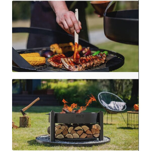 SET: Multifunktionale Feuerschale MONTANA 80 cm mit Grillrost 60 cm, Deckel 82,0 cm und runder dekorativer Steinbasis 100 cm