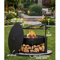 SET: Multifunktionale Feuerschale MONTANA 80 cm mit Grillrost 60 cm, Deckel 82,0 cm und runder dekorativer Steinbasis 100 cm