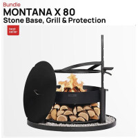 SET: Multifunktionale Feuerschale MONTANA 80 cm mit Grillrost 60 cm, Deckel 82,0 cm und runder dekorativer Steinbasis 100 cm