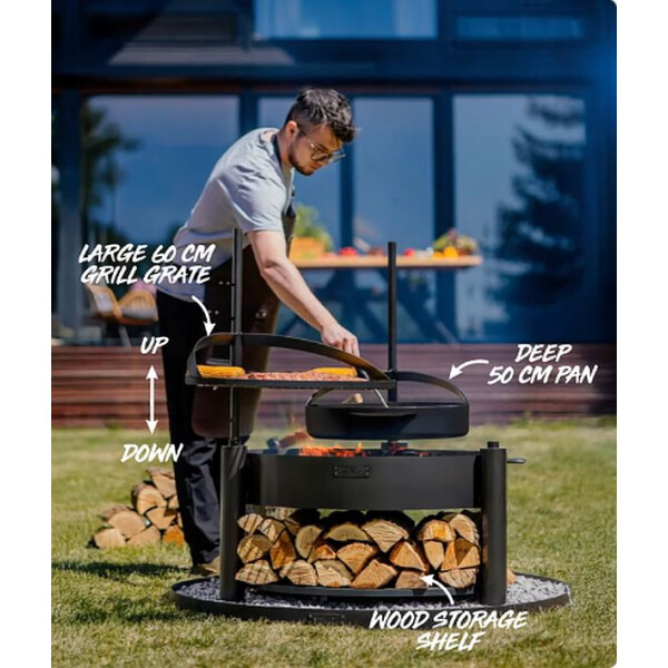 SET: Multifunktionale Feuerschale MONTANA 80 cm mit Grillrost 60 cm, zusätzlichem Mast und Pfanne aus Rohstahl 50 cm