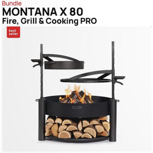 SET: Multifunktionale Feuerschale MONTANA 80 cm mit Grillrost 60 cm, zusätzlichem Mast und Pfanne aus Rohstahl 50 cm