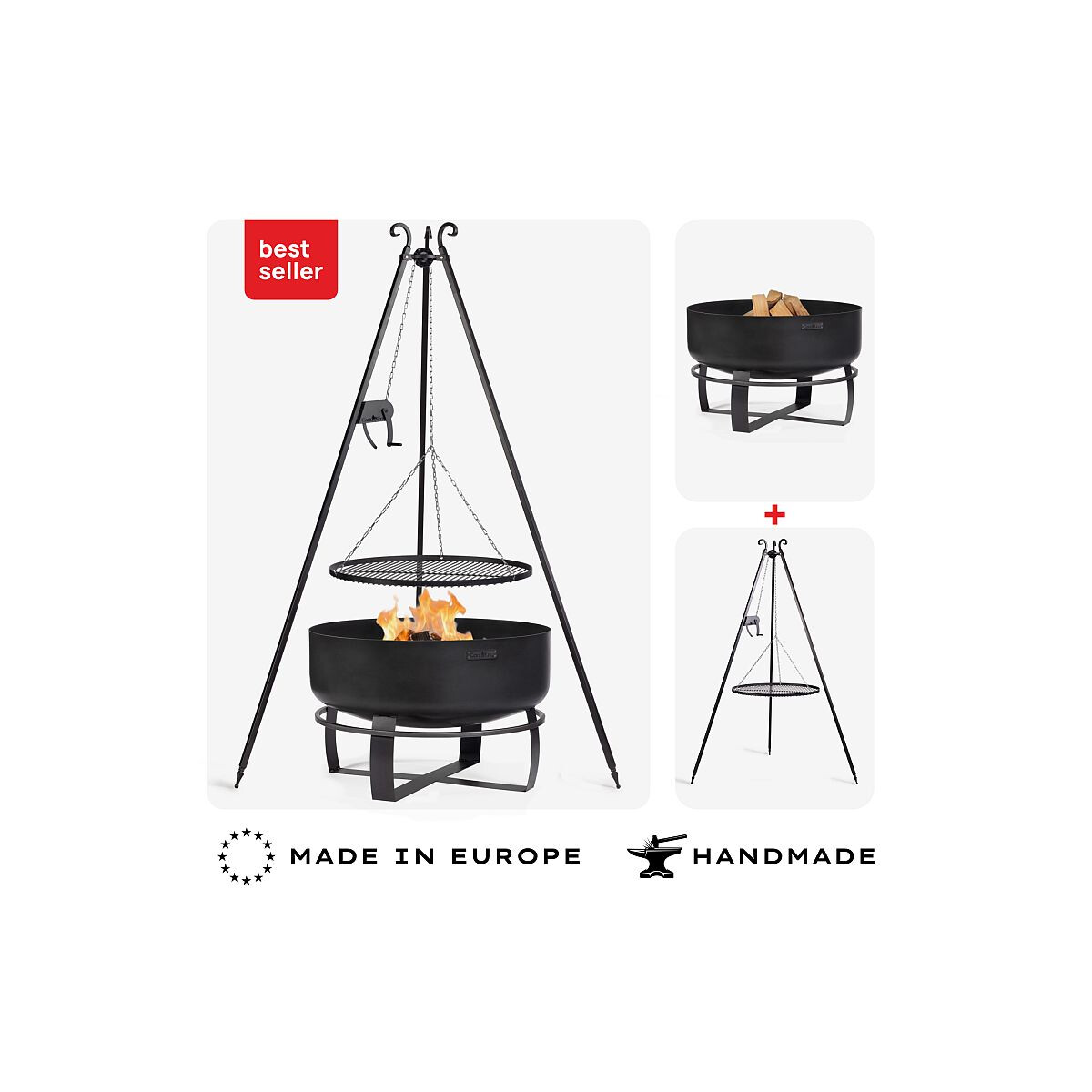 SET: Feuerschale XXL VIKING 80 cm mit Schwenkgrill Dreibein 