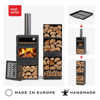 SET: Gartenofen VENTO mit Backofen und doppelt gehärteten Glasscheiben, inkl. Grillrost aus Rohstahl und Holzregal VENTO 120—40—30 cm