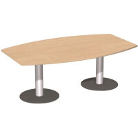 Konferenztisch Tellerfuß Fassform, Endelement mit 2 Füßen und Verkettungsmaterial, feste Höhe, 2000x1200x720, Buche