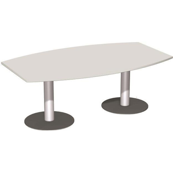 Konferenztisch Tellerfuß Fassform, Endelement mit 2 Füßen und Verkettungsmaterial, feste Höhe, 2000x1200x720, Lichtgrau