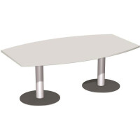 Konferenztisch Tellerfuß Fassform, Endelement mit 2 Füßen und Verkettungsmaterial, feste Höhe, 2000x1200x720, Lichtgrau