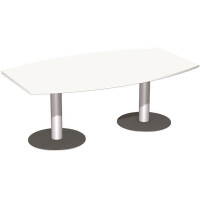 Konferenztisch Tellerfuß Fassform, Endelement mit 2 Füßen und Verkettungsmaterial, feste Höhe, 2000x1200x720, Weiß