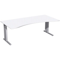 Schreibtisch Ergonomieform höhenverstellbar, C Fuß Blende optional, 2000x1000x680-820, Weiß/Silber
