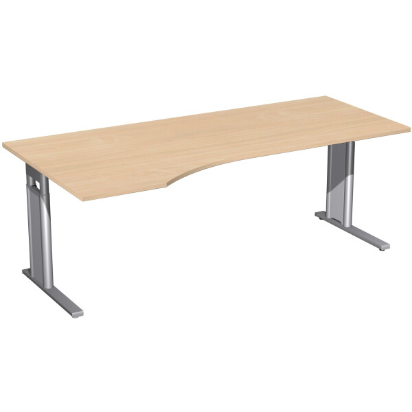 PC-Schreibtisch links höhenverstellbar, C Fuß Blende optional, 2000x1000x680-820, Buche/Silber