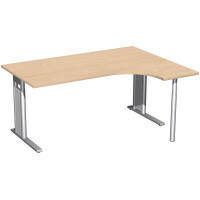 PC-Schreibtisch rechts höhenverstellbar, C Fuß Blende optional, 1600x1200x680-820, Buche/Silber