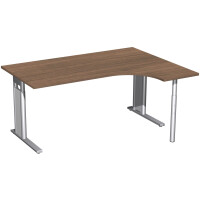 PC-Schreibtisch rechts höhenverstellbar, C Fuß Blende optional, 1600x1200x680-820, Nussbaum/Silber
