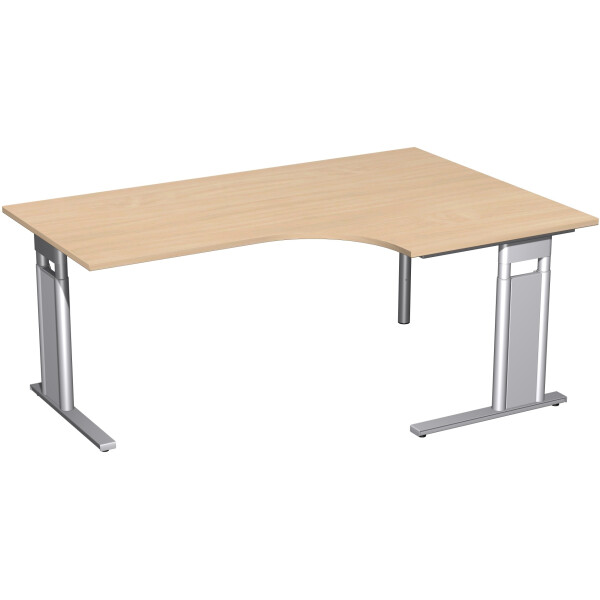 PC-Schreibtisch rechts höhenverstellbar, C Fuß Blende optional, 1800x1200x680-820, Buche/Silber