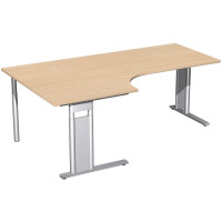 PC-Schreibtisch links höhenverstellbar, C Fuß Blende optional, 2000x1200x680-820, Buche/Silber